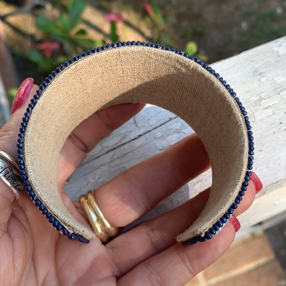 Blue & Gold Beaded Cloth & Metal Cuff Bracelet - Picture 12 of 17